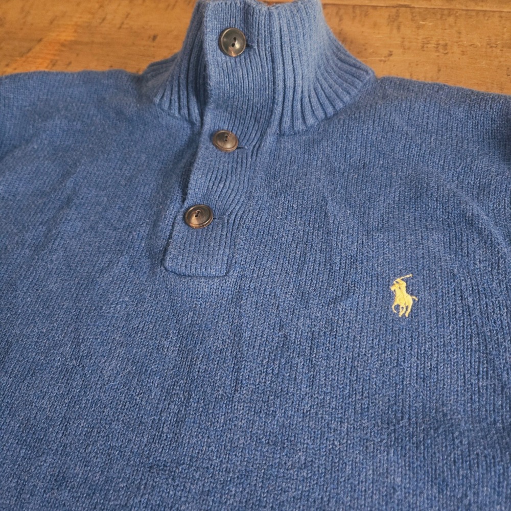 Polo Ralph Lauren Mens XL Blue Cotton Mock Neck 3 Button Pullover Sweater